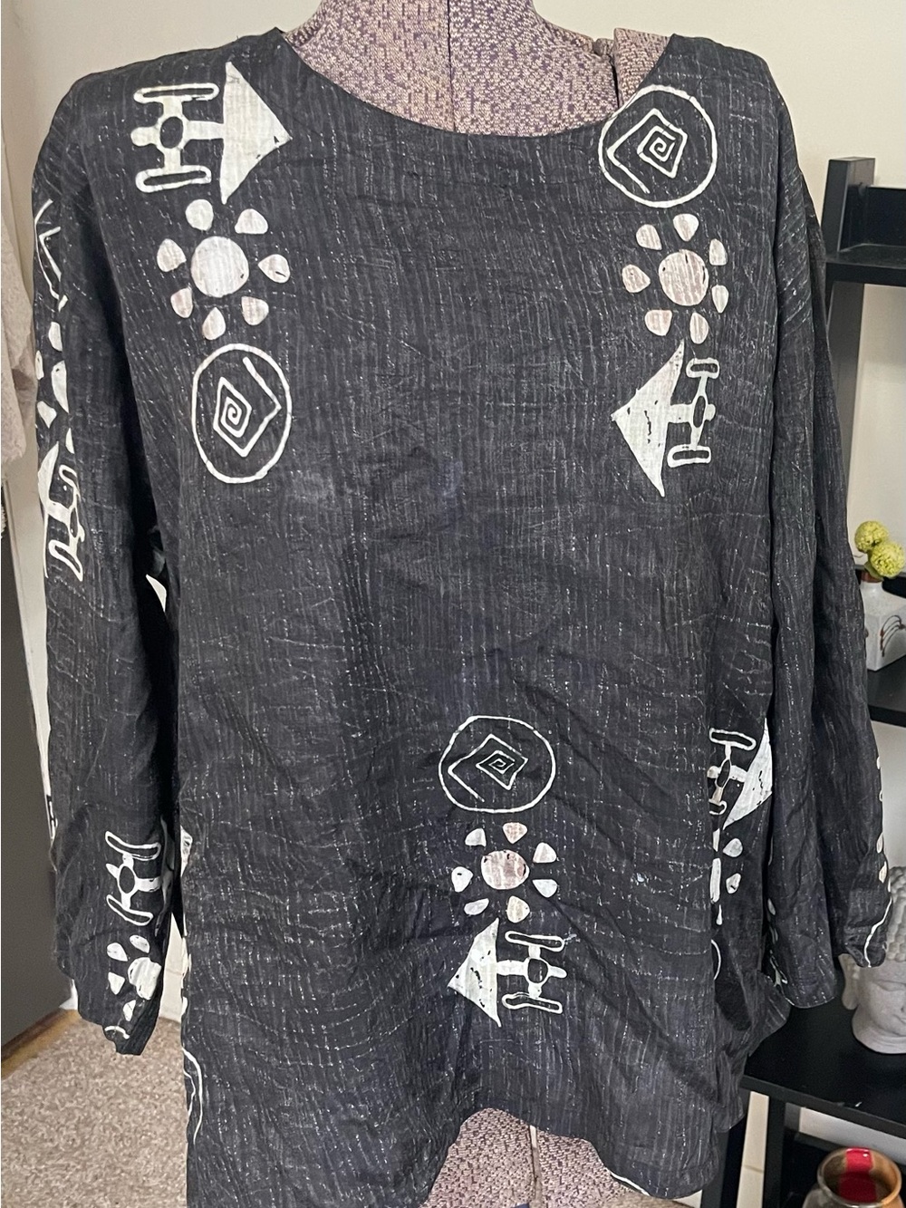 Women's Black Printed Long-Sleeve Boho Tunic Blouse Tribal